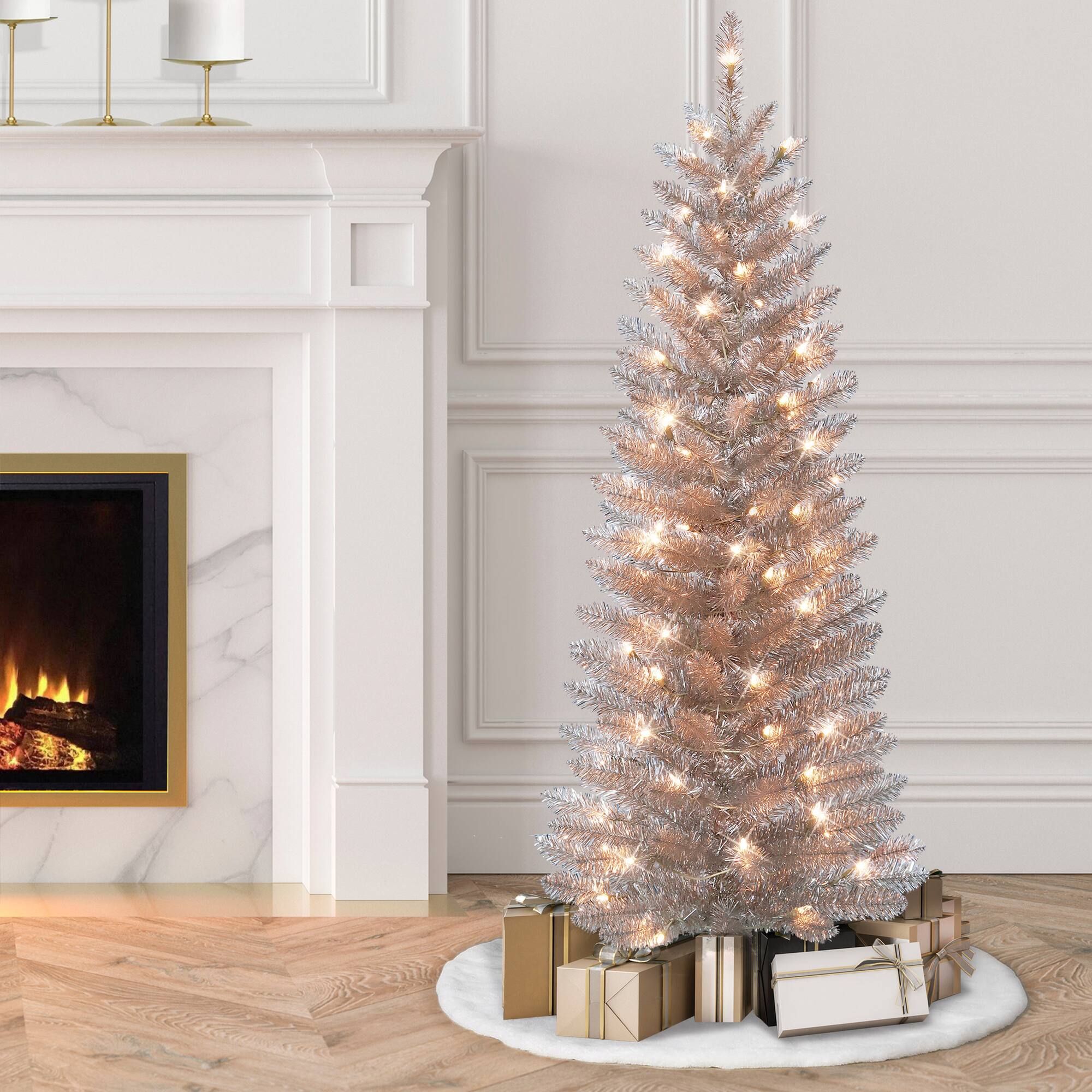 4.5ft. Pre-Lit Rose Gold Tinsel Artificial Christmas Tree, Clear Lights